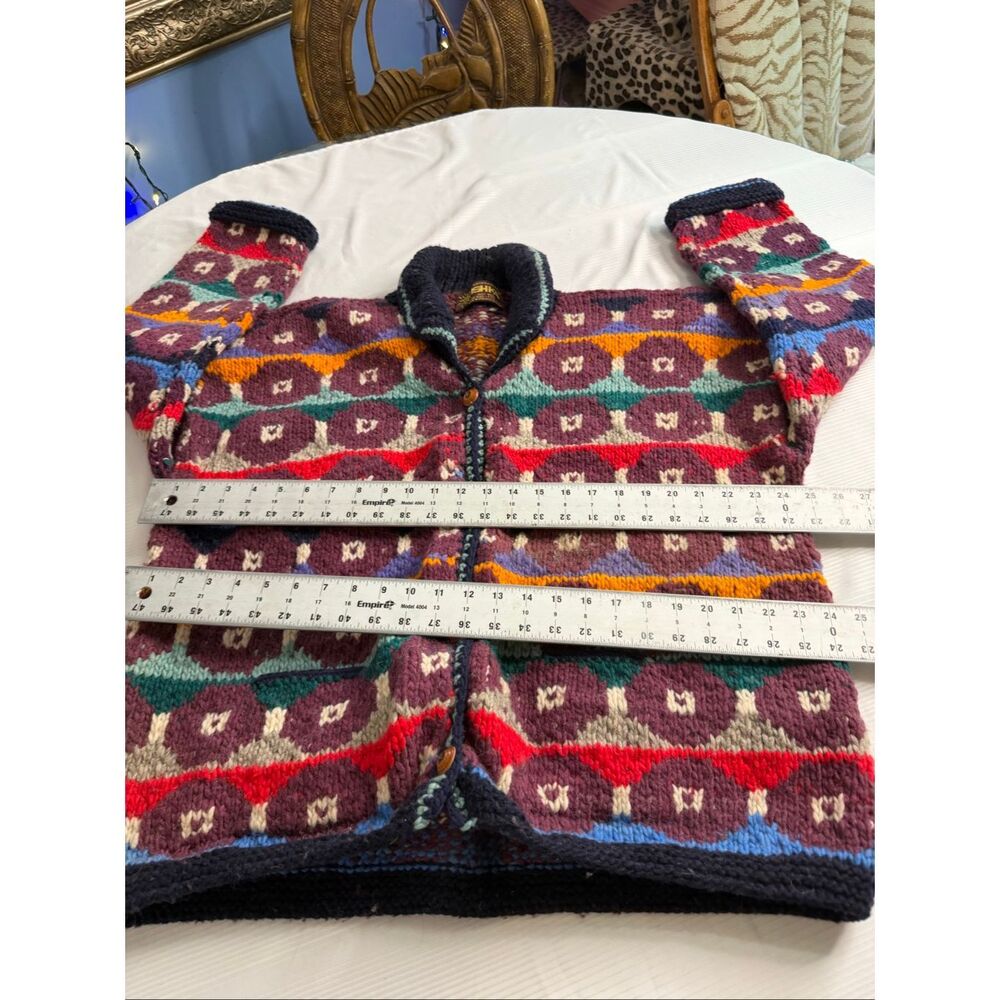Artesanias Ishka Colorful Geometric Wool Heavy Knit Ecuador Sweater Jacket Sz XL - Picture 7 of 11